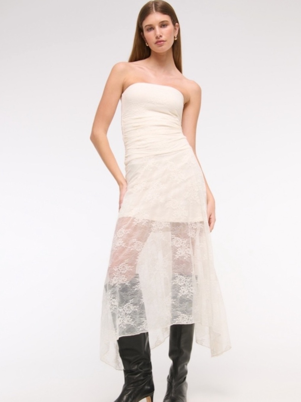Abercrombie & Fitch Strapless Ruched Lace Drop-Waist Maxi Dress XL Cream